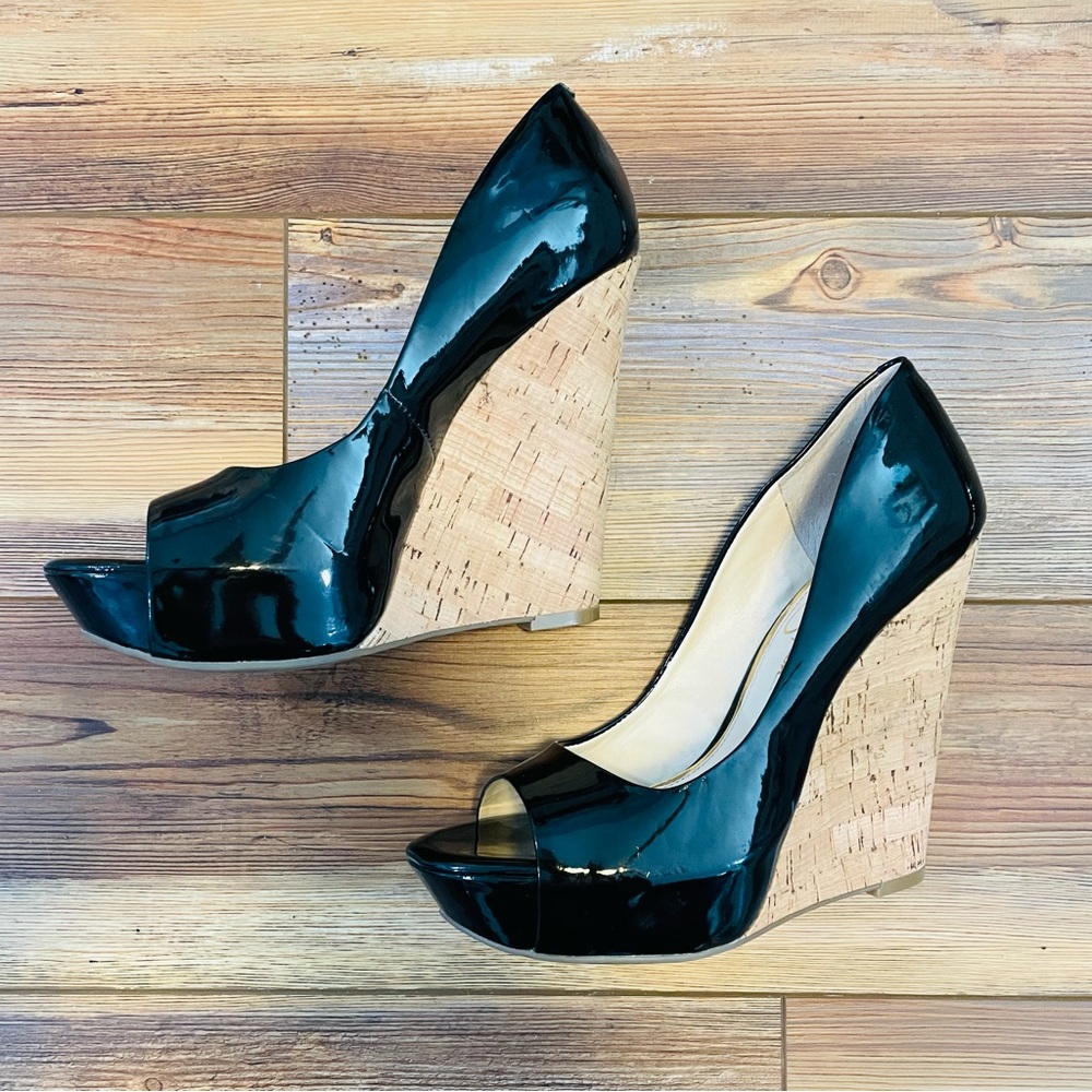 Jessica Simpson Bethani Peep Toe Sexy Cork Patent Wedges Black Womens Size 8 - Picture 3 of 5